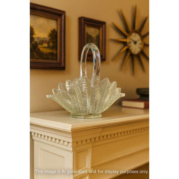 Vintage LE Smith Feather Glass Basket – Clear Pressed Glass, Mid-Century Design - Picture 2 of 12
